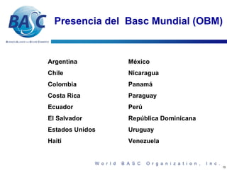 Presencia del Basc Mundial (OBM)


Argentina        México
Chile            Nicaragua
Colombia         Panamá
Costa Rica       Paraguay
Ecuador          Perú
El Salvador      República Dominicana
Estados Unidos   Uruguay
Haiti            Venezuela


                                        15
 