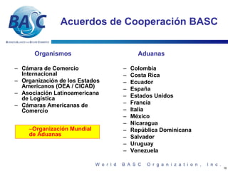 Acuerdos de Cooperación BASC


      Organismos                      Aduanas

– Cámara de Comercio            –   Colombia
  Internacional                 –   Costa Rica
– Organización de los Estados   –   Ecuador
  Americanos (OEA / CICAD)      –   España
– Asociación Latinoamericana    –   Estados Unidos
  de Logística
– Cámaras Americanas de         –   Francia
  Comercio                      –   Italia
                                –   México
                                –   Nicaragua
    –Organización Mundial       –   República Dominicana
    de Aduanas                  –   Salvador
                                –   Uruguay
                                –   Venezuela

                                                           16
 