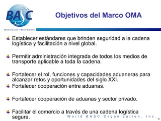 Objetivos del Marco OMA


Establecer estándares que brinden seguridad a la cadena
logística y facilitación a nivel global.

Permitir administración integrada de todos los medios de
transporte aplicable a toda la cadena.

Fortalecer el rol, funciones y capacidades aduaneras para
alcanzar retos y oportunidades del siglo XXI.
Fortalecer cooperación entre aduanas.

Fortalecer cooperación de aduanas y sector privado.

Facilitar el comercio a través de una cadena logística
segura.                                                     31
 