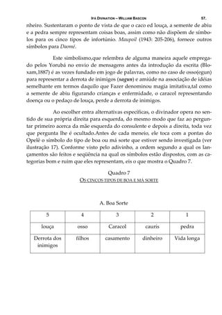 IFÁ DIVINATION – WILLIAM BASCON 57.
nheiro. Sustentaram o ponto de vista de que o caco ed louça, a semente de abiu 
e a pedra sempre representam coisas boas, assim como não dispõem de símbo‐
los  para  os  cinco  tipos  de  infortúnio.  Maupoil  (1943:  205‐206),  fornece  outros 
símbolos para Daomé. 
  Este simbolismo,que relembra de alguma maneira aquele emprega‐
do pelos Yorubá no envio de mensagens antes da introdução da escrita (Blo‐
xam,1887) é as vezes fundado em jogo de palavras, como no caso de osso(egun) 
para representar a derrota de inimigos (sagun) e amiúde na associação de idéias 
semelhante em termos daquilo que Fazer denominou magia imitativa,tal como 
a semente de abiu figurando crianças e enfermidade, o caracol representando 
doença ou o pedaço de louça, perde a derrota de inimigos. 
  Ao escolher entra alternativas específicas, o divinador opera no sen‐
tido de sua própria direita para esquerda, do mesmo modo que faz ao pergun‐
tar primeiro acerca da mãe esquerda do consulente e depois a direita, toda vez 
que pergunta lhe é ocultado.Antes de cada meneio, ele toca com a pontas do 
Opelê o símbolo do tipo de boa ou má sorte que estiver sendo investigada (ver 
ilustração 17). Conforme visto pelo adivinho, a ordem segundo a qual os lan‐
çamentos são feitos e seqüência na qual os símbolos estão dispostos, com as ca‐
tegorias bom e ruim que eles representam, eis o que mostra o Quadro 7. 
Quadro 7 
OS CINCOS TIPOS DE BOA E MÁ SORTE 
 
A. Boa Sorte 
5  4  3  2  1 
louça  osso  Caracol  caurís  pedra 
Derrota dos 
inimigos 
filhos  casamento  dinheiro  Vida longa 
 
 
 
 