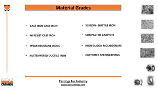 Castings For Industry
www.bascastings.com
Material Grades
• CAST IRON GREY IRON • SG IRON - DUCTILE IRON
• NI RESIST CAST IRON
• WEAR RESISTANT IRONS
• AUSTEMPERED DUCTILE IRON
• COMPACTED GRAPHITE
• HIGH SILICON MOLYBDENUM
• CUSTOMER SPECIFICATIONS
 