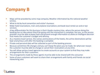 Company B
▶ Maps will be provided by some map company, Weather information by the national weather
service,
▶ What to do by local convention and visitor's bureaus
▶ Make hotel reservations, train and airplane reservations and book local rental car and or taxi
services.
▶ A key differentiator for this business is that it books mystery trips, where the person doing the
booking has no idea where they'll be going until the transaction is complete, but you, as the service
provider must be able to keep track and present enough information to allow an intelligent decision
that meets the customer's budget and whimsy.
▶ As a mystery travel service, the names and locations of the hotels, the airline destinations will be
kept anonymous until after the booking is complete.
▶ Private and personal data will be collected as part of the booking process
▶ Because sometimes life changes and you can't keep the plans you've made, for what ever reason
the customer must be able to change or cancel their reservations at any time.
▶ You will allow various travel agencies to create accounts on your system to that they may make
arrangements for their customers
▶ The arrangements made by these agents must be able to be shared with the consumer.
▶ Some of your customers will want to share their arrangements with family and friends via social
networking sites
12
 