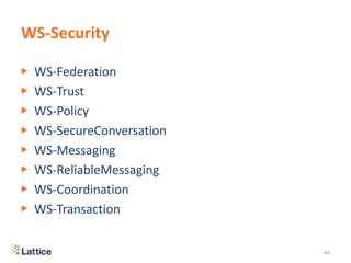 WS-Security
▶ WS-Federation
▶ WS-Trust
▶ WS-Policy
▶ WS-SecureConversation
▶ WS-Messaging
▶ WS-ReliableMessaging
▶ WS-Coordination
▶ WS-Transaction
44
 