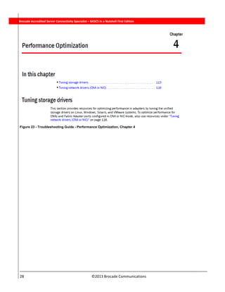  
28                                                                          ©2013 Brocade Communications 
          Brocade Accredited Server Connectivity Specialist – BASCS in a Nutshell First Edition
Figure 23 - Troubleshooting Guide - Performance Optimization, Chapter 4
 