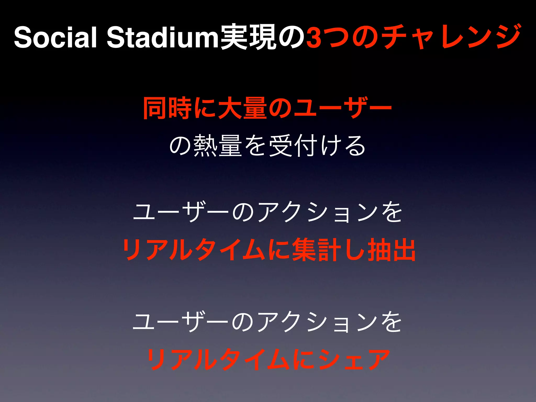 Social Stadium実現の3つのチャレンジ

      同時に大量のユーザー
       の熱量を受付ける

     ユーザーのアクションを
     リアルタイムに集計し抽出

     ユーザーのアクションを
      リアルタイムにシェア
 