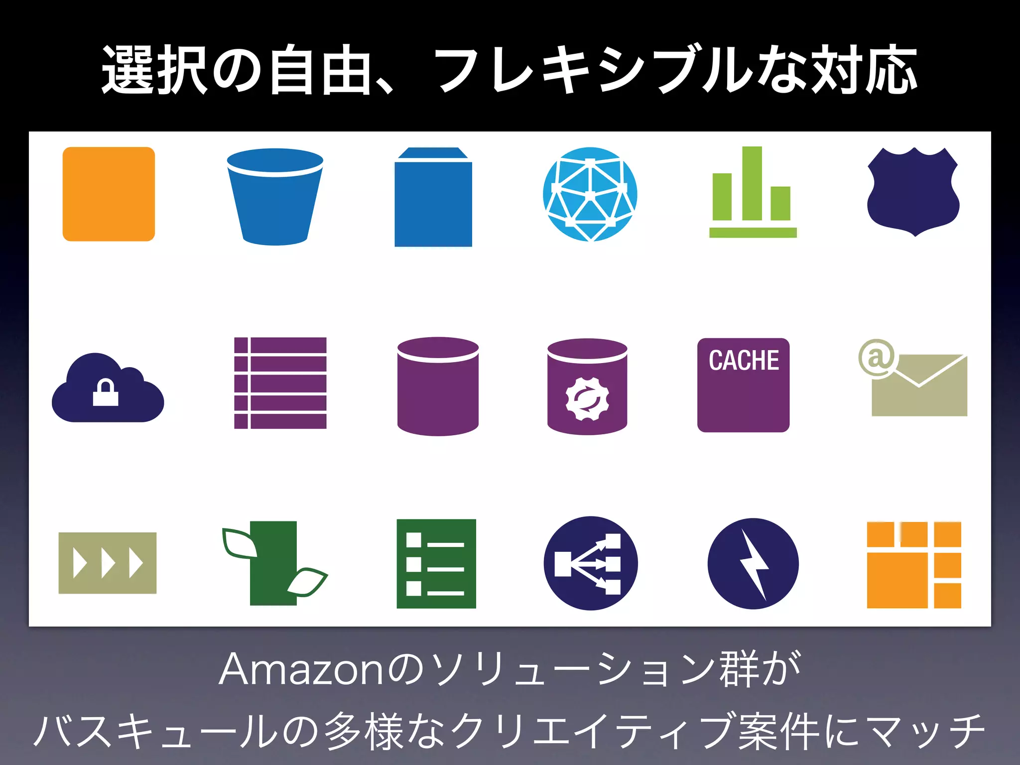 選択の自由、フレキシブルな対応




     Amazonのソリューション群が
バスキュールの多様なクリエイティブ案件にマッチ
 