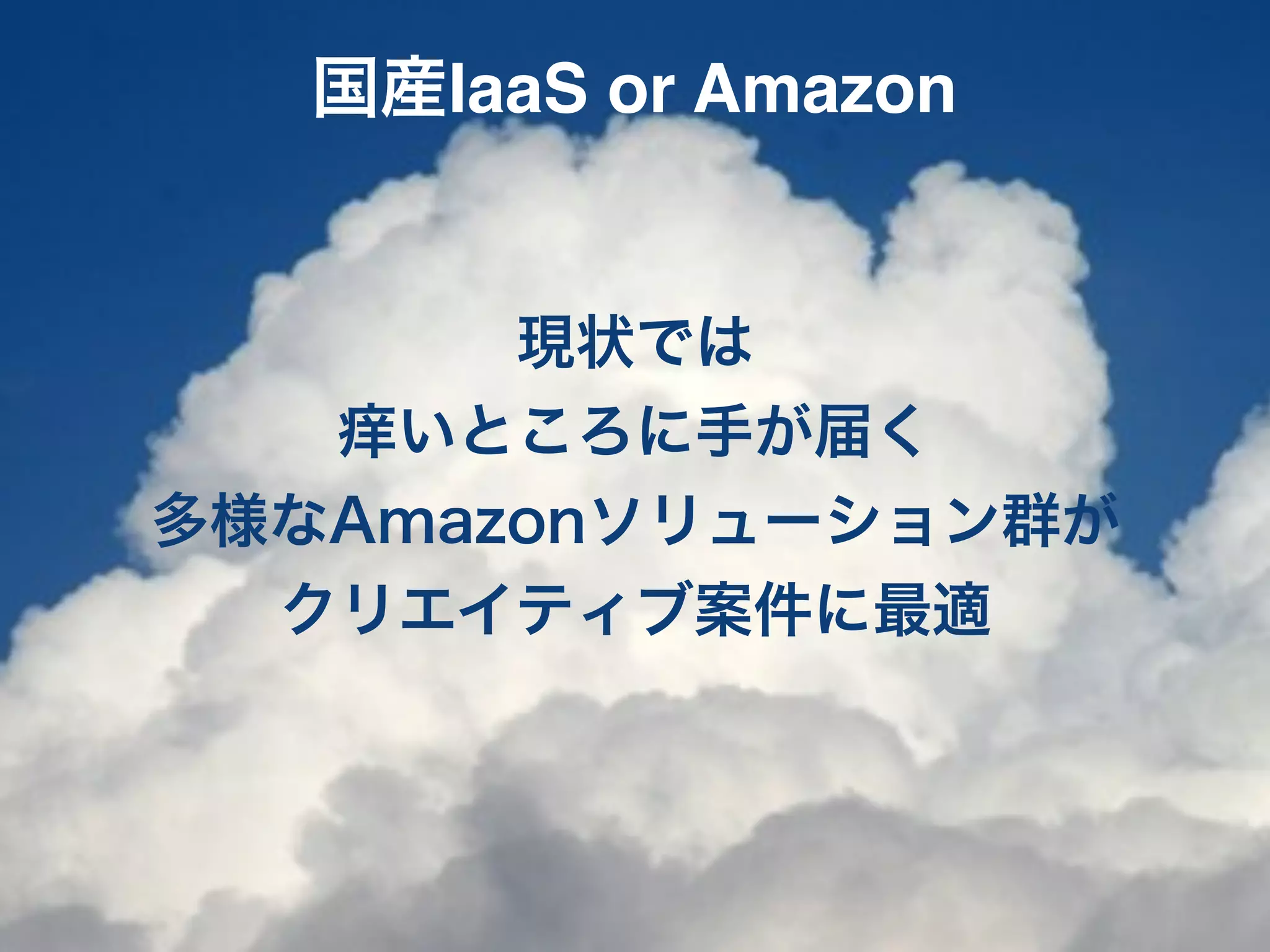 国産IaaS or Amazon


       現状では
   痒いところに手が届く
多様なAmazonソリューション群が
  クリエイティブ案件に最適
 