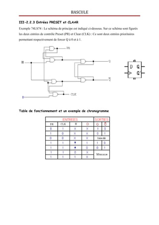 BASCULE
III-2.2.3 Entrées PRESET et CLAAR
Exemple 74LS74 : Le schéma de principe est indiqué ci-dessous. Sur ce schéma sont figurés
les deux entrées de contrôle Preset (PR) et Clear (CLK) : Ce sont deux entrées prioritaires
permettant respectivement de forcer Q à 0 et à 1.
Table de fonctionnement et un exemple de chronogramme
 