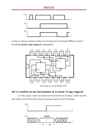 BASCULE
La figure ci-dessous montre le schéma et le brochage du circuit intégré 7474 qui contient 2
bascules D «positive edge triggered» indépendantes.
III-2.3 Condition du bon fonctionnement de la bascule "D edge triggered"
La sortie recopie l’entrée au moment du front montant de l’horloge, l’entrée doit être
donc stable avant le front actif et doit être maintenue après le front de l’horloge.
 