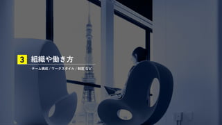 組織や働き方
チーム構成 / ワークスタイル / 制度 など
3
 