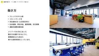 組織や働き方
3 チーム構成 / ワークスタイル / 制度 など
働き方
• フレックスタイム制
• リモートワーク可
• 完全週休2日 (土日祝日休み)
• 社会保険、厚生年金、雇用保険、労災保険
• 通勤交通費全額支給
メンバーそれぞれにあった
働き方を選択できるように、
業務委託なども含めた
様々な契約形態をとっています。
 