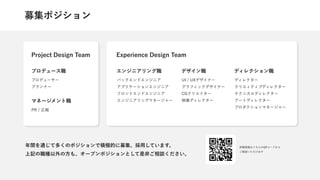 募集ポジション
Project Design Team
プロデューサー
プランナー
プロデュース職
Experience Design Team
バックエンドエンジニア
アプリケーションエンジニア
フロントエンドエンジニア
エンジニアリングマネージャー
エンジニアリング職
UI / UXデザイナー
グラフィックデザイナー
CGクリエイター
映像ディレクター
デザイン職
PR / 広報
マネージメント職
年間を通じて多くのポジションで積極的に募集、採用しています。
上記の職種以外の方も、オープンポジションとして是非ご相談ください。
詳細情報はこちらのQRコードから
ご確認いただけます
ディレクター
クリエィティブディレクター
テクニカルディレクター
アートディレクター
プロダクションマネージャー
ディレクション職
 