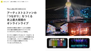 プロジェクト
2 企業との関係性 / プロジェクト事例 / メンバー
2020年の大晦日に東京ドームから生配信
された嵐の活動停止前のラストライブの
インタラクティブセクションを担当。
オンライン配信ライブにおいて「つながり」を
作り出すためにインタラクティブが実現できる
ことを盛り込み、メンバーと視聴者によって、
オンラインを超えた最高のライブを
つくることができました。
This is 嵐 LIVE 2020.12.31
アーティストとファンの
史上最大規模の
オンラインライブ
「つながり」をつくる
 