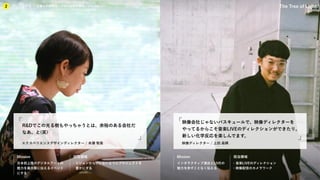 KIBO宇宙放送局
プロジェクト
2 企業との関係性／プロジェクト事例／メンバー The Tree of Light
Mission 担当領域
・ビジョンからブレないようにプロジェクトを
豊かにする
Mission 担当領域
エクスペリエンスデザインディレクター / 本瀬 智美
R&Dでこの光る樹もやっちゃうとは、余裕のある会社だ
なあ、と(笑)
日本初上陸のデジタルアートの
魅力を最大限に伝えるイベント
にする
インタラクティブ演出とLIVEの
魅力を余すことなく伝える
・音楽LIVEのディレクション
・映像配信のカメラワーク
プロジェクト
2 企業との関係性／プロジェクト事例／メンバー
映像ディレクター / 上田 昌輝
映像会社じゃないバスキュールで、映像ディレクターを
やってるからこそ音楽LIVEのディレクションができたり。
新しい化学反応を楽しんでます。
 
