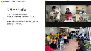 組織や働き方
3 チーム構成 / ワークスタイル / 制度 など
リモート⇔出社
リモートと出社は各自の判断で
その時々に最適な働き方を選択しています。
今後もリモートと出社のハイブリッドスタイルを
継続していく予定です。
 