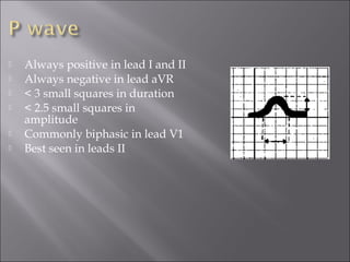  Always positive in lead I and II
 Always negative in lead aVR
 < 3 small squares in duration
 < 2.5 small squares in
amplitude
 Commonly biphasic in lead V1
 Best seen in leads II
 