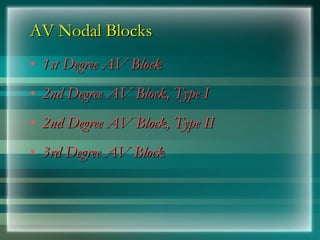 AV Nodal Blocks
AV Nodal Blocks
• 1st Degree AV Block
1st Degree AV Block
• 2nd Degree AV Block, Type I
2nd Degree AV Block, Type I
• 2nd Degree AV Block, Type II
2nd Degree AV Block, Type II
• 3rd Degree AV Block
3rd Degree AV Block
 