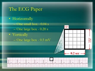 The ECG Paper
• Horizontally
– One small box - 0.04 s
– One large box - 0.20 s
• Vertically
– One large box - 0.5 mV
 