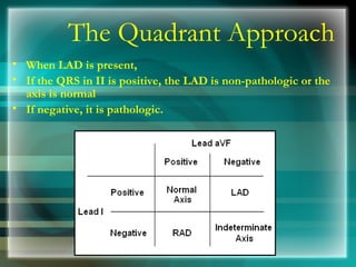 The Quadrant Approach
• When LAD is present,
• If the QRS in II is positive, the LAD is non-pathologic or the
axis is normal
• If negative, it is pathologic.
 
