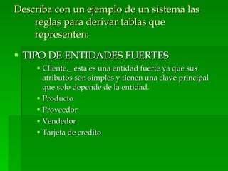 Describa con un ejemplo de un sistema las reglas para derivar tablas que representen: TIPO DE ENTIDADES FUERTES Cliente._ esta es una entidad fuerte ya que sus atributos son simples y tienen una clave principal que solo depende de la entidad. Producto Proveedor Vendedor Tarjeta de credito 