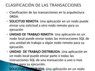 Clasificación de las transacciones en la arquitectura DRDA: SOLICITUD REMOTA : Una aplicación en un nodo puede enviar una solicitud a otro nodo remoto para su ejecución UNIDAD DE TRABAJO REMOTA : Una aplicación en un nodo local puede enviar todas las instrucciones SQL de una unidad de trabajo a algún nodo remoto para su ejecución. UNIDAD  DE TRABAJO DISTRIBUIDA : Una aplicación en un nodo local puede enviar parte o todas las instrucciones SQL de una transacción a uno o mas nodos para su ejecución. SOLICITUD DISTRIBUIDA : Una aplicación en un nodo local puede enviar parte o todas instrucciones SQL de una transacción a uno o mas nodos para su ejecución. 