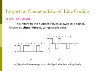 Important Characteristic of Line Coding
 No. Of Levels
This refers to the number values allowed in a signal,
known as signal levels, to represent data.
(a) Signal with two voltage levels, (b) Signal with three voltage levels
 