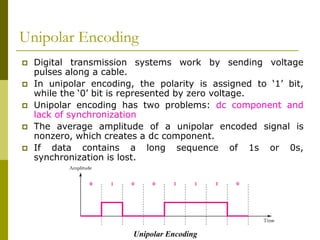 Unipolar Encoding
 Digital transmission systems work by sending voltage
pulses along a cable.
 In unipolar encoding, the polarity is assigned to ‘1’ bit,
while the ‘0’ bit is represented by zero voltage.
 Unipolar encoding has two problems: dc component and
lack of synchronization
 The average amplitude of a unipolar encoded signal is
nonzero, which creates a dc component.
 If data contains a long sequence of 1s or 0s,
synchronization is lost.
Unipolar Encoding
 