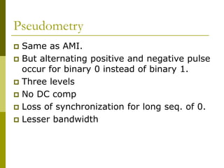 Pseudometry
 Same as AMI.
 But alternating positive and negative pulse
occur for binary 0 instead of binary 1.
 Three levels
 No DC comp
 Loss of synchronization for long seq. of 0.
 Lesser bandwidth
 