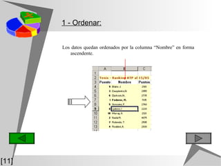Los datos quedan ordenados por la columna “Nombre” en forma ascendente. 1 - Ordenar: [11] 