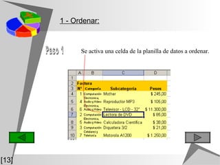 Se activa una celda de la planilla de datos a ordenar. Paso 1 1 - Ordenar: [13] 