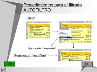 Procedimientos para el filtrado AUTOFILTRO Respuesta al “Autofiltro ” Inicio : Elijo la opción “Computación” [21] 