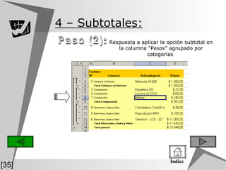 4  – Subtotales:   Respuesta a aplicar la opción subtotal en la columna “Pesos” agrupado por categorías  Paso (2): [35] Índice 