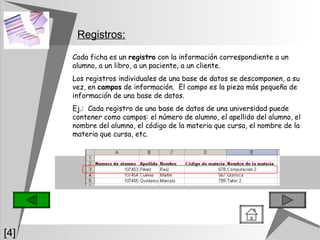 Registros: [4] Cada ficha es un  registro  con la información correspondiente a un alumno, a un libro, a un paciente, a un cliente.  Los registros individuales de una base de datos se descomponen, a su vez, en  campos  de información.  El campo es la pieza más pequeña de información de una base de datos. Ej.:  Cada registro de una base de datos de una universidad puede contener como campos: el número de alumno, el apellido del alumno, el nombre del alumno, el código de la materia que cursa, el nombre de la materia que cursa, etc. 