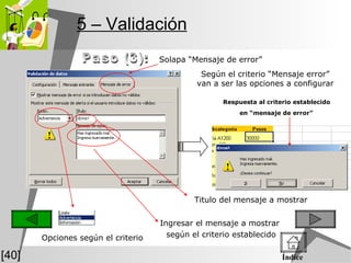 5  – Validación Paso (3): Solapa “Mensaje de error”   Respuesta al criterio establecido  en “mensaje de error”   Según el criterio “Mensaje error” van a ser las opciones a configurar Titulo del mensaje a mostrar Ingresar el mensaje a mostrar según el criterio establecido Opciones según el criterio [40] Índice 