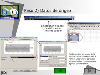 Paso 2)   Datos de origen :   Seleccionar el rango de datos en la hoja de cálculo. Puede cambiar los rangos de la hoja de cálculo utilizando para el nombre y los valores para cada serie del gráfico. También puede agregar y borrar series.   [50] 