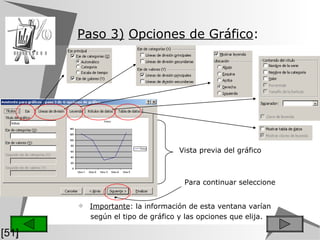 Paso 3)   Opciones de Gráfico :   Importante : la información de esta ventana varían según el tipo de gráfico y las opciones que elija.   Vista previa del gráfico Para continuar seleccione [51] 