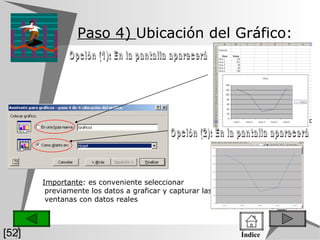 Paso 4)  Ubicación del Gráfico:   Importante : es conveniente seleccionar previamente los datos a graficar y capturar las ventanas con datos reales Opción (1): En la pantalla aparecerá Opción (2): En la pantalla aparecerá [52] Índice 