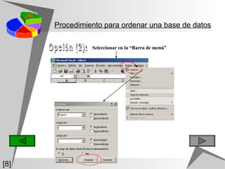 Procedimiento para ordenar una base de datos Seleccionar en la “Barra de menú” Opción (2): [8] 