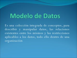 Es una colección integrada de conceptos, para describir y manipular datos, las relaciones existentes entre los mismos y las restricciones aplicables a los datos, todo ello dentro de una organización 