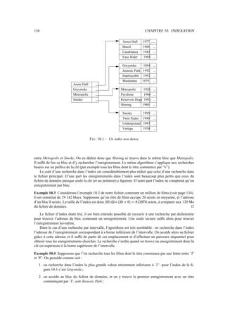 136 CHAPITRE 10. INDEXATION
...
Smoke 1995
Twin Peaks 1990
Underground 1995
Brazil 1984
Annie Hall 1977
...
Casablanca 1942
Easy Rider 1969
...
...
...
Greystoke 1984
Jurassic Park 1992
Impitoyable 1992
Manhattan 1979
Reservoir Dogs 1992
Vertigo 1958
...
...
...
...
...
...
...
...
...
...
...
...
Metropolis 1926
Psychose 1960
Shining 1980
Annie Hall
Greystoke
Metropolis
Smoke
FIG. 10.1 – Un index non dense
entre Metropolis et Smoke. On en déduit donc que Shining se trouve dans le même bloc que Metropolis.
Il suffit de lire ce bloc et d’y rechercher l’enregistrement. Le même algorithme s’applique aux recherches
basées sur un préfixe de la clé (par exemple tous les films dont le titre commence par ’V’).
Le coût d’une recherche dans l’index est considérablement plus réduit que celui d’une recherche dans
le fichier principal. D’une part les enregistrements dans l’index sont beaucoup plus petits que ceux du
fichier de données puisque seule la clé (et un pointeur) y figurent. D’autre part l’index ne comprend qu’un
enregistrement par bloc.
Exemple 10.3 Considérons l’exemple 10.2 de notre fichier contenant un million de films (voir page 134).
Il est constitué de 29 142 blocs. Supposons qu’un titre de films occupe 20 octets en moyenne, et l’adresse
d’un bloc 8 octets. La taille de l’index est donc
HAI
$–B
H=
-
H

]
12žFUP$N
I
;WE octets, à comparer aux 120 Mo
du fichier de données.
j
Le fichier d’index étant trié, il est bien entendu possible de recourir à une recherche par dichotomie
pour trouver l’adresse du bloc contenant un enregistrement. Une seule lecture suffit alors pour trouver
l’enregistrement lui-même.
Dans le cas d’une recherche par intervalle, l’agorithme est très semblable : on recherche dans l’index
l’adresse de l’enregistrement correspondant à a borne inférieure de l’intervalle. On accède alors au fichier
grâce à cette adresse et il suffit de partir de cet emplacement et d’effectuer un parcours séquentiel pour
obtenir tous les enregistrements cherchés. La recherche s’arrête quand on trouve un enregistrement donc la
clé est supérieure à la borne supérieure de l’intervalle.
Exemple 10.4 Supposons que l’on recherche tous les films dont le titre commence par une lettre entre ’J’
et ’P’. On procède comme suit :
1. on recherche dans l’index la plus grande valeur strictement inférieure à ’J’ : pour l’index de la fi-
gure 10.1 c’est Greystoke ;
2. on accède au bloc du fichier de données, et on y trouve le premier enregistrement avec un titre
commençant par ’J’, soit Jurassic Park ;
 