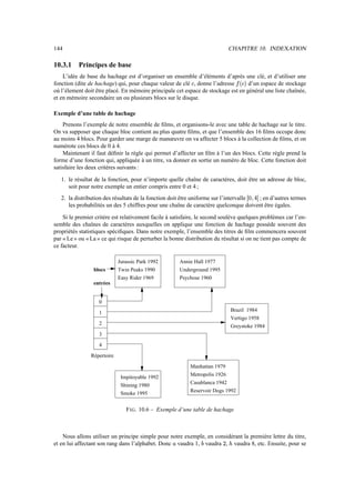 144 CHAPITRE 10. INDEXATION
10.3.1 Principes de base
L’idée de base du hachage est d’organiser un ensemble d’éléments d’après une clé, et d’utiliser une
fonction (dite de hachage) qui, pour chaque valeur de clé ¬ , donne l’adresse ­š®[¬–¯ d’un espace de stockage
où l’élement doit être placé. En mémoire principale cet espace de stockage est en général une liste chaînée,
et en mémoire secondaire un ou plusieurs blocs sur le disque.
Exemple d’une table de hachage
Prenons l’exemple de notre ensemble de films, et organisons-le avec une table de hachage sur le titre.
On va supposer que chaque bloc contient au plus quatre films, et que l’ensemble des 16 films occupe donc
au moins 4 blocs. Pour garder une marge de manœuvre on va affecter 5 blocs à la collection de films, et on
numérote ces blocs de 0 à 4.
Maintenant il faut définir la règle qui permet d’affecter un film à l’un des blocs. Cette règle prend la
forme d’une fonction qui, appliquée à un titre, va donner en sortie un numéro de bloc. Cette fonction doit
satisfaire les deux critères suivants :
1. le résultat de la fonction, pour n’importe quelle chaîne de caractères, doit être un adresse de bloc,
soit pour notre exemple un entier compris entre 0 et 4 ;
2. la distribution des résultats de la fonction doit être uniforme sur l’intervalle ° ±¥²³W´ ; en d’autres termes
les probabilités un des 5 chiffres pour une chaîne de caractère quelconque doivent être égales.
Si le premier critère est relativement facile à satisfaire, le second soulève quelques problèmes car l’en-
semble des chaînes de caractères auxquelles on applique une fonction de hachage possède souvent des
propriétés statistiques spécifiques. Dans notre exemple, l’ensemble des titres de film commencera souvent
par « Le » ou « La » ce qui risque de perturber la bonne distribution du résultat si on ne tient pas compte de
ce facteur.
Impitoyable 1992
Shining 1980
Smoke 1995
Jurassic Park 1992
Twin Peaks 1990
Easy Rider 1969
Brazil 1984
Vertigo 1958
Greystoke 1984
0
1
2
3
4
Manhattan 1979
Metropolis 1926
Casablanca 1942
Annie Hall 1977
Underground 1995
Psychose 1960
Répertoire
Reservoir Dogs 1992
entrées
blocs
FIG. 10.6 – Exemple d’une table de hachage
Nous allons utiliser un principe simple pour notre exemple, en considérant la première lettre du titre,
et en lui affectant son rang dans l’alphabet. Donc µ vaudra 1, ¶ vaudra · , ¸ vaudra 8, etc. Ensuite, pour se
 