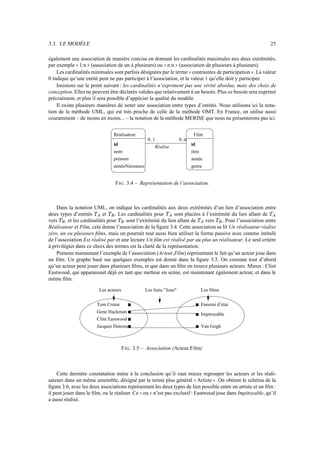 3.3. LE MODÈLE 25
également une association de manière concise en donnant les cardinalités maximales aux deux extrêmités,
par exemple 1:n (association de un à plusieurs) ou n:n (association de plusieurs à plusieurs).
Les cardinalités minimales sont parfois désignées par le terme contraintes de participation . La valeur
0 indique qu’une entité peut ne pas participer à l’association, et la valeur 1 qu’elle doit y participer.
Insistons sur le point suivant : les cardinalités n’expriment pas une vérité absolue, mais des choix de
conception. Elles ne peuvent être déclarés valides que relativement à un besoin. Plus ce besoin sera exprimé
précisément, et plus il sera possible d’appécier la qualité du modèle.
Il existe plusieurs manières de noter une association entre types d’entités. Nous utilisons ici la nota-
tion de la méthode UML, qui est très proche de celle de la méthode OMT. En France, on utilise aussi
couramment – de moins en moins... – la notation de la méthode MERISE que nous ne présenterons pas ici.
Film
Réalisateur
id
annéeNaissance
id
genre
titre
année
Réalise
0..n
0..1
nom
prénom
FIG. 3.4 – Représentation de l’association.
Dans la notation UML, on indique les cardinalités aux deux extrêmités d’un lien d’association entre
deux types d’entités = et ? . Les cardinalités pour = sont placées à l’extrémité du lien allant de =
vers ? et les cardinalités pour ? sont l’extrémité du lien allant de = vers ? . Pour l’association entre
Réalisateur et Film, cela donne l’association de la figure 3.4. Cette association se lit Un réalisateur réalise
zéro, un ou plusieurs films, mais on pourrait tout aussi bien utiliser la forme passive avec comme intitulé
de l’asscoiation Est réalisé par et une lecture Un film est réalisé par au plus un réalisateur. Le seul critère
à privilégier dans ce choix des termes est la clarté de la représentation.
Prenons maintenant l’exemple de l’association (Acteur,Film) représentant le fait qu’un acteur joue dans
un film. Un graphe basé sur quelques exemples est donné dans la figure 3.5. On constate tout d’abord
qu’un acteur peut jouer dans plusieurs films, et que dans un film on trouve plusieurs acteurs. Mieux : Clint
Eastwood, qui apparaissait déjà en tant que metteur en scène, est maintenant également acteur, et dans le
même film.
Les films
Les acteurs Les liens Joue
Ennemi d’état
Tom Cruise
Gene Hackman
Clint Eastwood
Jacques Dutronc Van Gogh
Impitoyable
FIG. 3.5 – Association (Acteur,Film)
Cette dernière constatation mène à la conclusion qu’il vaut mieux regrouper les acteurs et les réali-
sateurs dans un même ensemble, désigné par le terme plus général Artiste . On obtient le schéma de la
figure 3.6, avec les deux associations représentant les deux types de lien possible entre un artiste et un film :
il peut jouer dans le film, ou le réaliser. Ce ou n’est pas exclusif : Eastwood joue dans Impitoyable, qu’il
a aussi réalisé.
 