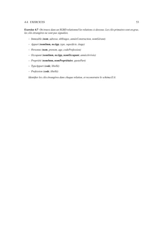 4.4. EXERCICES 53
Exercice 4.7 On trouve dans un SGBD relationnel les relations ci-dessous. Les clés primaires sont en gras,
les clés étrangères ne sont pas signalées.
– Immeuble (nom, adresse, nbEtages, annéeConstruction, nomGérant)
– Appart (nomImm, noApp, type, superficie, étage)
– Personne (nom, prenom, age, codeProfession)
– Occupant (nomImm, noApp, nomOccupant, annéeArrivée)
– Propriété (nomImm, nomPropriétaire, quotePart)
– TypeAppart (code, libellé)
– Profession (code, libellé)
Identifier les clés étrangères dans chaque relation, et reconstruire le schéma E/A.
 