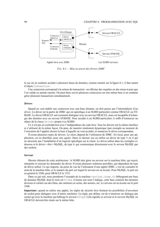 98 CHAPITRE 8. PROGRAMMATION AVEC SQL
Driver
SYBASE
Driver
ORACLE
Connexion
ORACLE
Requetes
Connexion
SYBASE
Serveur ORACLE
Serveur SYBASE
DriverManager
SQL
Reseau
Les SGBD serveurs
Applet Java avec JDBC
FIG. 8.1 – Mise en œuvre des drivers JDBC
le cas où on souhaite accéder à plusieurs bases de données, comme montré sur la figure 8.1, il faut autant
d’objets Connection.
Une connexion correspond à la notion de transaction : on effectue des requêtes ou des mises-à-jour que
l’on valide ou annule ensuite. On peut donc ouvrir plusieurs connexions sur une même base si on souhaite
gérer plusieurs transactions simultanément.
Drivers
Quand on veut établir une connexion avec une base distante, on doit passer par l’intermédiaire d’un
driver. Le driver est la partie de JDBC qui est spécifique à un SGBD particulier comme ORACLE ou SY-
BASE. Le driver ORACLE sait comment dialoguer avec un serveur ORACLE, mais est incapable d’échan-
ger des données avec un serveur SYBASE. Pour accéder à un SGBD particulier, il suffit d’instancier un
object de la classe Driver propre à ce SGBD.
Ce n’est pas en contradiction avec l’indépendance du code Java. Tous les drivers ont la même interface
et s’utilisent de la même façon. On peut, de manière totalement dynamique (par exemple au moment de
l’exécution de l’applet) choisir la base à laquelle on veut accéder, et instancier le driver correspondant.
Il existe plusieurs types de drivers. Le choix dépend de l’utilisation de JDBC. En local, pour une ap-
plication, ou en distribué, pour une applet. Dans ce dernier cas on utilise un driver de type 3 ou 4 qui
ne nécessite pas l’installation d’un logiciel spécifique sur le client. Le driver utilisé dans les exemples ci-
dessous et le driver   thin MySQL, de type 4, qui communique directement avec le serveur MySQL par
des sockets.
Serveur
Dernier élément de cette architecture : le SGBD doit gérer un serveur sur la machine hôte, qui reçoit,
interprète et exécute les demandes du driver. Il existe plusieurs solutions possibles, qui dépendent du type
de driver utilisé. Ce qui importe, du point de vue de l’utilisateur d’une applet JDBC, c’est de connaître le
nom de la machine hôte, et le numéro du port sur lequel le serveur est en écoute. Pour MySQL, le port est
en général le 3306, pour ORACLE le 1521.
Dans ce qui suit, nous prendrons l’exemple de la machine cartier.cnam.fr hébergeant une base
de données MySQL dont le nom est Films. Comme son nom l’indique, cette base contient des données
diverses et variées sur des films, des metteurs en scène, des acteurs, etc. Le serveur est en écoute sur le port
3306.
Important : quand on utilise une applet, les règles de sécurité Java limitent les possibilités d’ouverture
de socket pour dialoguer avec d’autres machines. La règle, par défaut, est de n’autoriser un dialogue par
socket qu’avec la machine qui héberge le serveur httpd. Cela signifie ce serveur et le serveur MySQL ou
ORACLE doivent être situés sur le même hôte.
 