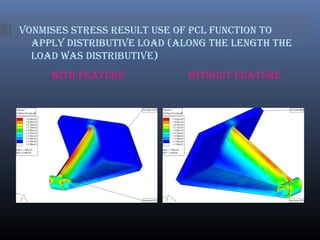 Vonmises stress result use of PCl funCtion to
aPPly distributiVe load (along the length the
load was distributiVe)
with feature without feature
 