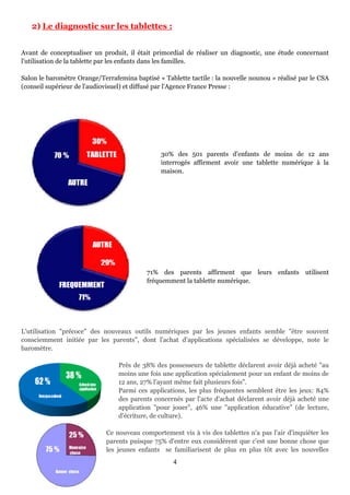 4
2) Le diagnostic sur les tablettes :
Avant de conceptualiser un produit, il était primordial de réaliser un diagnostic, une étude concernant
l'utilisation de la tablette par les enfants dans les familles.
Salon le baromètre Orange/Terrafemina baptisé « Tablette tactile : la nouvelle nounou » réalisé par le CSA
(conseil supérieur de l'audiovisuel) et diffusé par l'Agence France Presse :
30% des 501 parents d'enfants de moins de 12 ans
interrogés affirment avoir une tablette numérique à la
maison.
71% des parents affirment que leurs enfants utilisent
fréquemment la tablette numérique.
L'utilisation "précoce" des nouveaux outils numériques par les jeunes enfants semble "être souvent
consciemment initiée par les parents", dont l'achat d'applications spécialisées se développe, note le
baromètre.
Près de 38% des possesseurs de tablette déclarent avoir déjà acheté "au
moins une fois une application spécialement pour un enfant de moins de
12 ans, 27% l'ayant même fait plusieurs fois".
Parmi ces applications, les plus fréquentes semblent être les jeux: 84%
des parents concernés par l'acte d'achat déclarent avoir déjà acheté une
application "pour jouer", 46% une "application éducative" (de lecture,
d'écriture, de culture).
Ce nouveau comportement vis à vis des tablettes n'a pas l'air d'inquiéter les
parents puisque 75% d'entre eux considèrent que c'est une bonne chose que
les jeunes enfants se familiarisent de plus en plus tôt avec les nouvelles
 