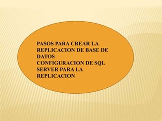 PASOS PARA CREAR LA
REPLICACION DE BASE DE
DATOS
CONFIGURACION DE SQL
SERVER PARA LA
REPLICACION
 