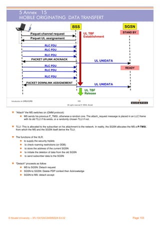 5 Annex 15
MOBILE ORIGINATING DATA TRANSFERT
SGSN

BSS
UL TBF
Establishment

Paquet channel request
Paquet UL assignement

STAND BY

RLC PDU
RLC PDU
RLC PDU
PACKET UPLINK ACK/NACK

UL UNIDATA

RLC PDU

READY

RLC PDU
RLC PDU
PACKET DOWNLINK ASSIGNEMENT

UL UNIDATA
UL TBF
Release
103

Introduction to GPRS/EGPRS

All rights reserved © 2004, Alcatel

w "Attach" the MS switches on (GMM protocol):
MS sends his previous P_TMSI, otherwise a random one. The attach_request message is placed in an LLC frame
with its old TLLI if its exists, or a randomly chosen TLLI if not.
w TLLI: This is allocated to the subscriber on his attachment to the network. In reality, the SGSN allocates the MS a P-TMSI,
from which the MS and the SGSN itself derive the TLLI.
w The functions of the HLR:
to supply the security triplets
to check roaming restrictions (or ODB)
to store the address of the current SGSN
to initiate the deletion of data from the old SGSN
to send subscriber data to the SGSN
w "Detach" proceeds as follow:
MS to SGSN: Detach request
SGSN to GGSN: Delete PDP context then Acknowledge
SGSN to MS: detach accept

© Alcatel University – 3FL10472ACAAWBZZA Ed.02

Page 103

 