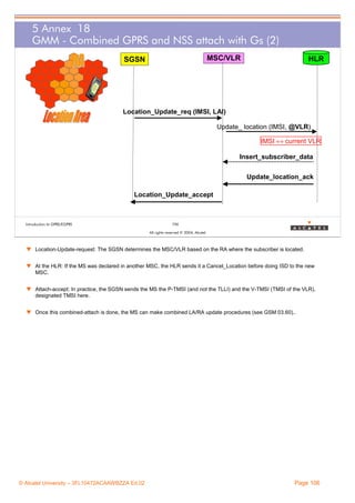 5 Annex 18
GMM - Combined GPRS and NSS attach with Gs (2)
MSC/VLR

SGSN

HLR

Location_Update_req (IMSI, LAI)
Update_ location (IMSI, @VLR)
IMSI ↔ current VLR
Insert_subscriber_data
Update_location_ack
Location_Update_accept

Introduction to GPRS/EGPRS

106
All rights reserved © 2004, Alcatel

w Location-Update-request: The SGSN determines the MSC/VLR based on the RA where the subscriber is located.
w At the HLR: If the MS was declared in another MSC, the HLR sends it a Cancel_Location before doing ISD to the new
MSC.
w Attach-accept: In practice, the SGSN sends the MS the P-TMSI (and not the TLLI) and the V-TMSI (TMSI of the VLR),
designated TMSI here.
w Once this combined-attach is done, the MS can make combined LA/RA update procedures (see GSM 03.60)..

© Alcatel University – 3FL10472ACAAWBZZA Ed.02

Page 106

 