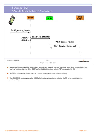 5 Annex 22
"Mobile User Activity" Procedure
SGSN

SMS
GMSC

HLR

GPRS_Attach_request

If MNRG=1
MNRG ← 0

Ready_for_SM (IMSI)
Alert_Service_Center
Alert_Service_Center_ack

Introduction to GPRS/EGPRS

110
All rights reserved © 2004, Alcatel

w Mobile user activity procedure: When the MS is reattached, the HLR indicates this to the SMS-GMSC (conventional GSM
"alerting" procedure) and to all the GGSNs which had tried in vain to activate PDP contexts to this MS.
w The SGSN sends Ready-for-SM to the HLR before sending the “update location” message.
w The SMS-GMSC obviously alerts the SMSC which makes a new attempt to deliver the SM to the mobile (as in the
previous slide).

© Alcatel University – 3FL10472ACAAWBZZA Ed.02

Page 110

 
